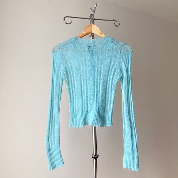 ❄️ Turquoise Blue Mohair Blend Thin Second Skin See Through Long Sleeve Sweater - Picture 3 of 7